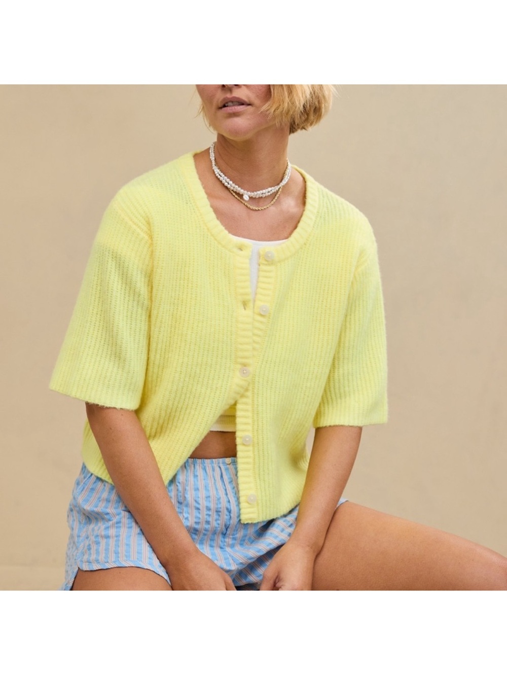 Aerie Yellow Short Sleeve Button Cardigan - Picture 1 of 8